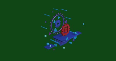 Poster - Red chip symbol on a pedestal of abstract geometric shapes floating in the air. Abstract concept art with flying shapes in the center. 3d illustration on green background