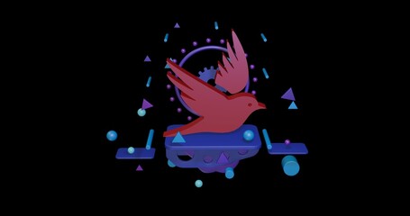 Poster - Red bird symbol on a pedestal of abstract geometric shapes floating in the air. Abstract concept art with flying shapes in the center. 3d illustration on black background