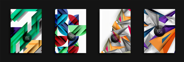 Fototapete - Four abstract vector backgrounds. Geometric shapes, vibrant colors, dynamic compositions. Modern design elements, clean lines, stylish visuals. Suitable for flyers, posters, presentations.