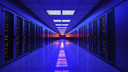 Poster - Data Center Corridor: Rows of Servers and Bright Lights in a Modern Tech Space