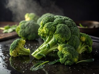 Poster - Fresh broccoli florets are arranged on a dark, textured surface, with some smaller pieces scattered around. The broccoli appears vibrant green and fresh, with droplets of water visible on the surface,