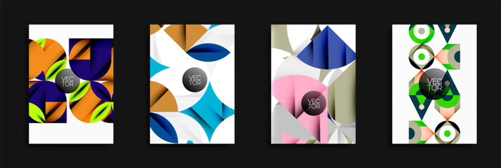 Aufkleber - Four abstract vector designs. Each features geometric shapes, vibrant colors, circular elements with text. Modern, stylish compositions suitable for backgrounds or flyers.