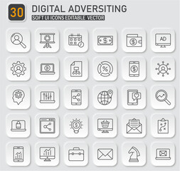 Poster - Set of digital advertising icons in soft UI style for marketing campaigns