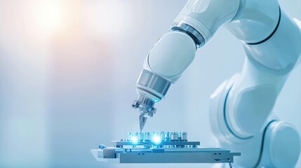 Poster - Robotic arm assembling components in bright setting