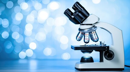 Poster - laboratory microscope on blue bokeh background