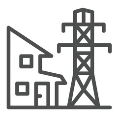Poster - House and high voltage tower pole line icon, electrician service concept. Vector graphics. Building electrical supply sign on white background, outline style icon for mobile or web design.