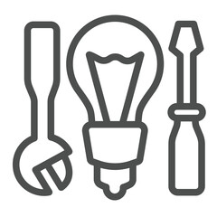 Aufkleber - Wrench with screwdriver and lightbulb line icon, electrician service concept. Vector graphics. Electrical service and tools sign on white background, outline style icon for mobile or web design.