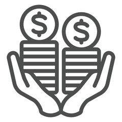 Poster - Hands with dollar coins stack line icon, exhibition concept. Vector graphics. Coins of money, monetization sign on white background, outline style icon for mobile or web design.