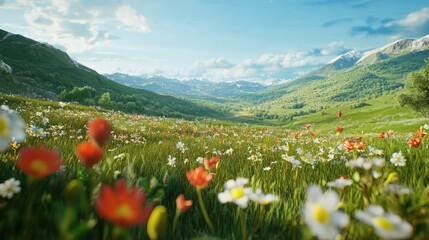 Poster - A lush green valley with rolling hills and wildflowers under a clear blue sky. The vibrant colors of nature create perfect space for copy.