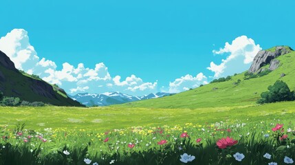 Poster - A lush green valley with rolling hills and wildflowers under a clear blue sky. The vibrant colors of nature create perfect space for copy.
