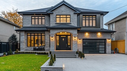 Poster - A stylish two-story house with an elegant stone and glass combination, large entrance, and cozy outdoor seating.