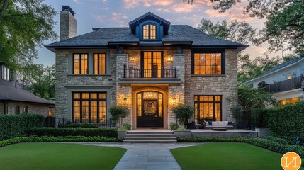 Poster - A stylish two-story house with an elegant stone and glass combination, large entrance, and cozy outdoor seating.