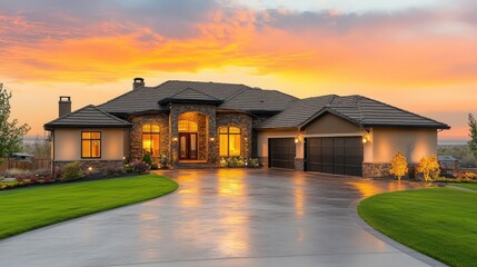 Poster - A stylish villa with an open living space concept, warm lighting, and a peaceful backyard. Clean copy space.
