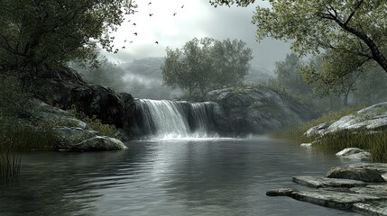 Poster - A tranquil waterfall in a lush valley, water flowing softly over rocks into a calm pool. The open sky offers ample room for copy.