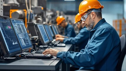 Precision at Work: A team of skilled industrial engineers, clad in protective gear, meticulously monitors machinery performance via computer interfaces.