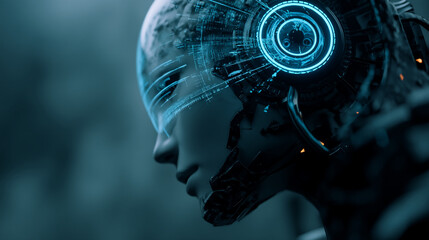 Poster - Close up of a futuristic cyborg with glowing blue accents and intricate mechanical details on its head