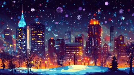 Poster - A modern city skyline, with buildings glowing in Christmas lights.