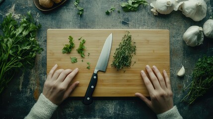 Poster - Flat lay of an empty wooden cutting board with fresh herbs, knife, and neutral background. Copy space in center.