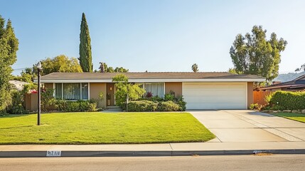 Poster - Modern suburban home with a flat roof, landscaped front yard, and a driveway leading to a garage. Copy space available.
