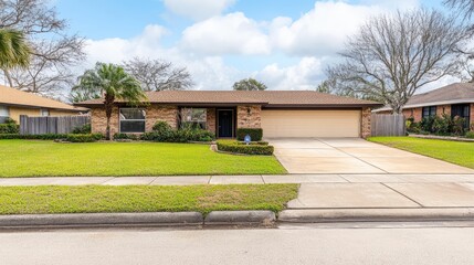 Poster - Modern suburban home with a flat roof, landscaped front yard, and a driveway leading to a garage. Copy space available.