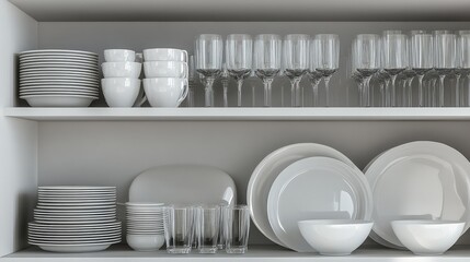 Poster - Open cabinet with neatly arranged ceramic plates, bowls, and glass cups in neutral tones. Copy space in background.