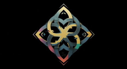 Poster - An abstract illustration featuring a geometric diamond shape with intricate interlaced patterns and a modern, layered design. The artwork combines teal, gold, and hints of gradient colors. 