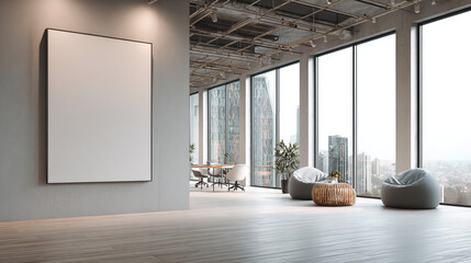 Poster - Modern office space with large windows, blank canvas, and minimalist furniture design interior
