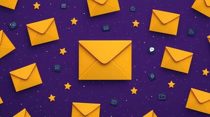 Poster - Colorful Yellow Envelopes on Purple Background with Communication Icons and Stars for Digital Marketing Concepts