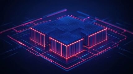 Poster - Futuristic Cybernetic Structure with Neon Glow and Digital Circuitry in a Dark Background
