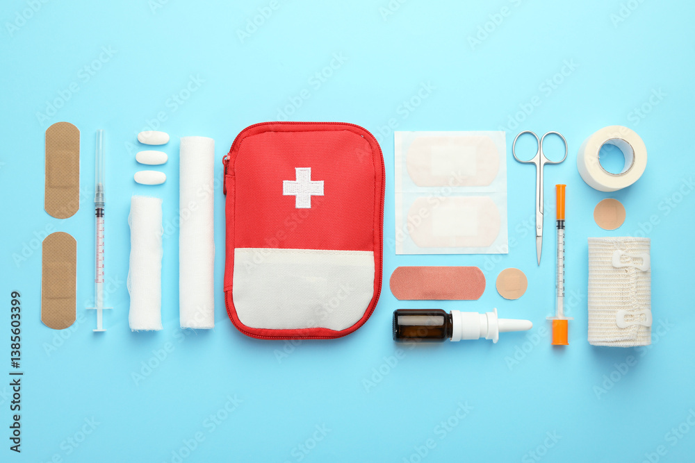 First aid kit. Different medical supplies on light blue background ...