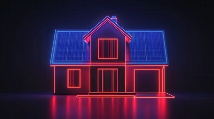 Poster - Neon Outline of a Modern House with Solar Panels in a Futuristic, Dark Background