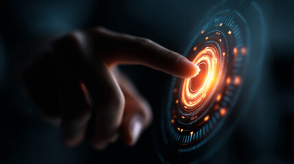 Poster - A finger touching a glowing orange circular interface with futuristic design elements and dark background