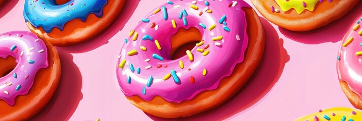 Leinwandbilder - Colorful and playful display of donuts with rainbow frosting and sprinkles in a vibrant pop-art style composition