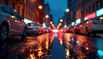 Wall Mural - abstract late-night city lights reflecting on wet pavement, city, wet