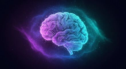 Poster - Neon Brain Abstract Neural Network Visualization