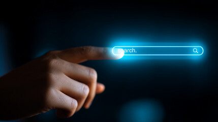 Poster - Finger touching a glowing search bar on a dark screen interface with search text and magnifying glass