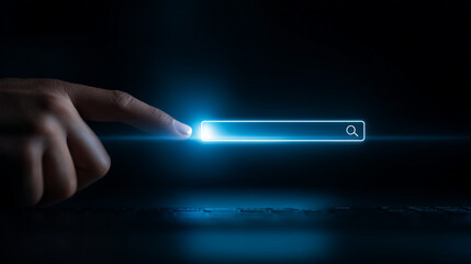 Poster - Finger about to touch a glowing search bar on a dark background with a blue light effect
