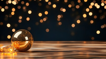 Poster - Glittering Gold Ornament on Table with Blurred Twinkling Background