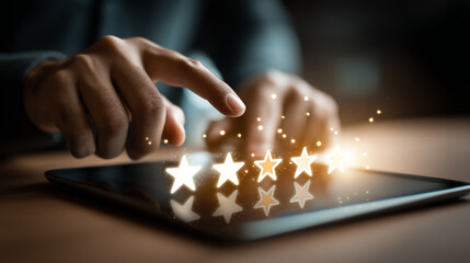Poster - A hand interacting with a tablet displaying five stars for rating and feedback concept on a surface