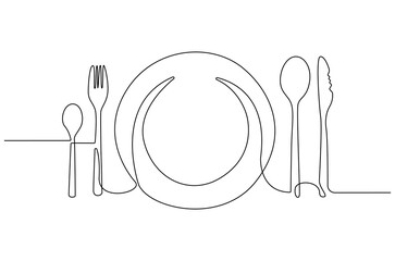 Wall Mural - continuous one line drawing of fork, plate, knife and spoon. single line drawing illustration cutler