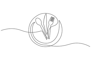 Wall Mural - continuous one line drawing of fork, plate, knife and spoon. single line drawing illustration cutler