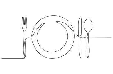 Wall Mural - continuous one line drawing of fork, plate, knife and spoon. single line drawing illustration cutler