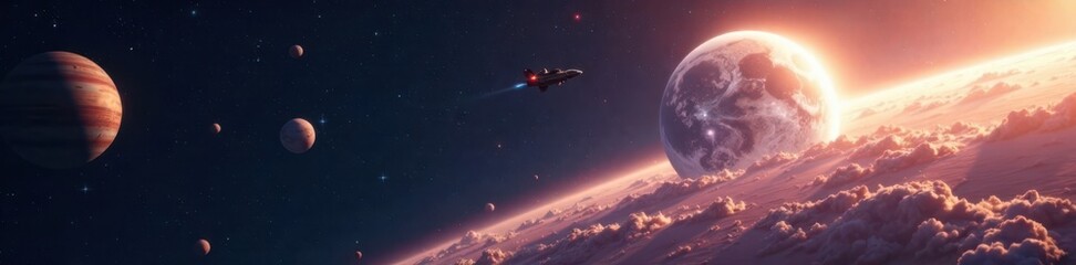Spacecraft in orbit around a glowing white planet with stars and planets in the background , galaxy, astronomy