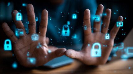 Poster - Hands framing digital security icons floating above a device screen with a dark background