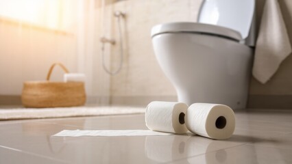 bathroom essentials with toilet paper rolls, a wicker basket, and a light rug in a tiled space. perf