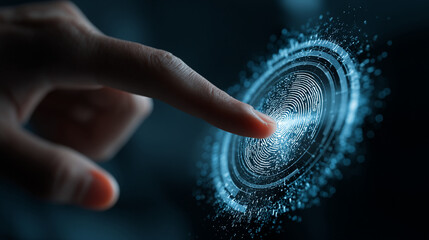 Poster - Finger touching a glowing fingerprint scanner on a dark background with digital particles effect