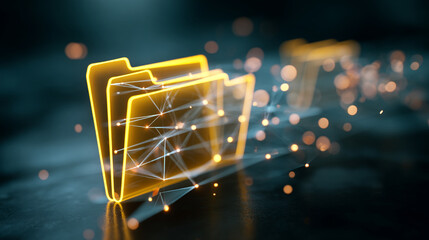 Poster - Glowing digital folders connected by network with bokeh lights on a dark reflective surface
