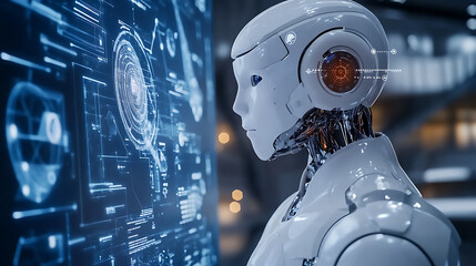 Poster - An AI powered system enhancing human robot collaboration by analyzing real time task execution and interaction data, futuristic AI-driven robotics platform, Robotics technology style