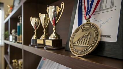 Fototapete - Glowing radiant medal featuring modern data chart engraving for technology achievements