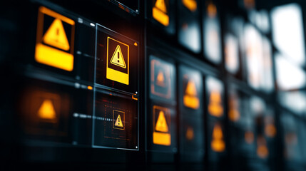 Poster - Array of digital screens displaying yellow warning signs with exclamation points in a dark setting